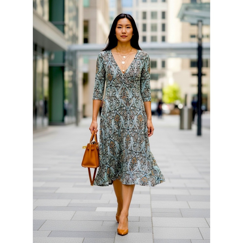 Cynthia Rowley Paisley Print Dress Womens Petite M Teal Blue Short Sleeve V-neck